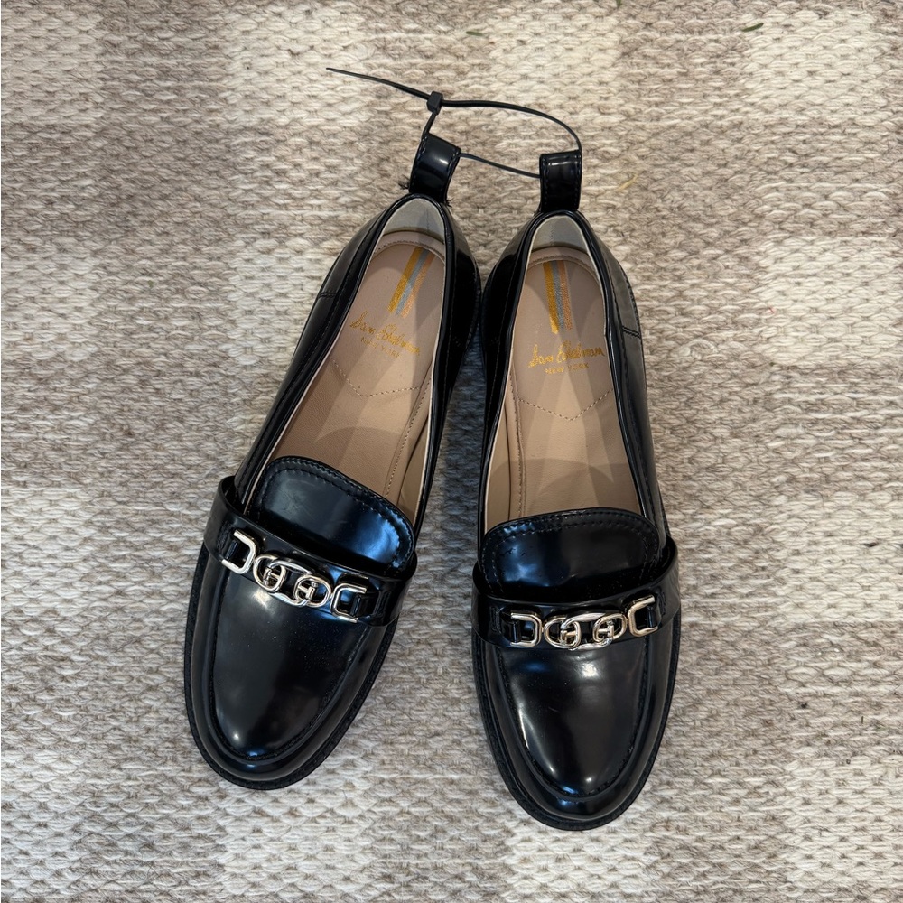 Nordstrom Black Patent Leather Loafers with Gold Accents